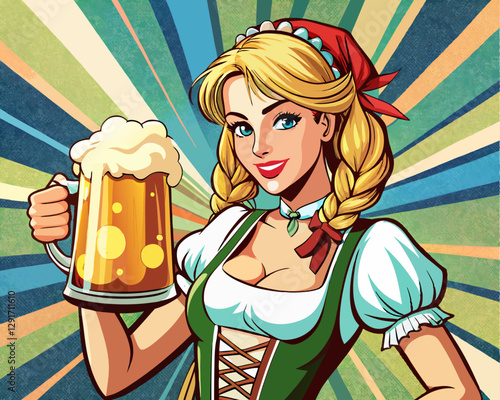 A girl in the Bavarian style with a glass of beer illustration pop art
