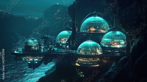 Fototapeta Naklejka Na Ścianę i Meble -  A neon-lit underwater research station, with glass domes glowing blue and green, housing scientists studying marine life in a futuristic lab.