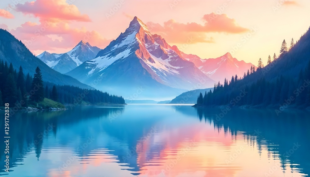 Watercolor depiction of a serene mountain range reflecting in a calm lake, high-quality, serene beauty, majestic landscapes Watercolor depiction of a serene mountain range reflecting in a calm lake, high-quality, serene beauty, majestic landscapes