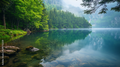 Serene Forest Lake with Crystal-Clear Reflections and Misty Atmosphere