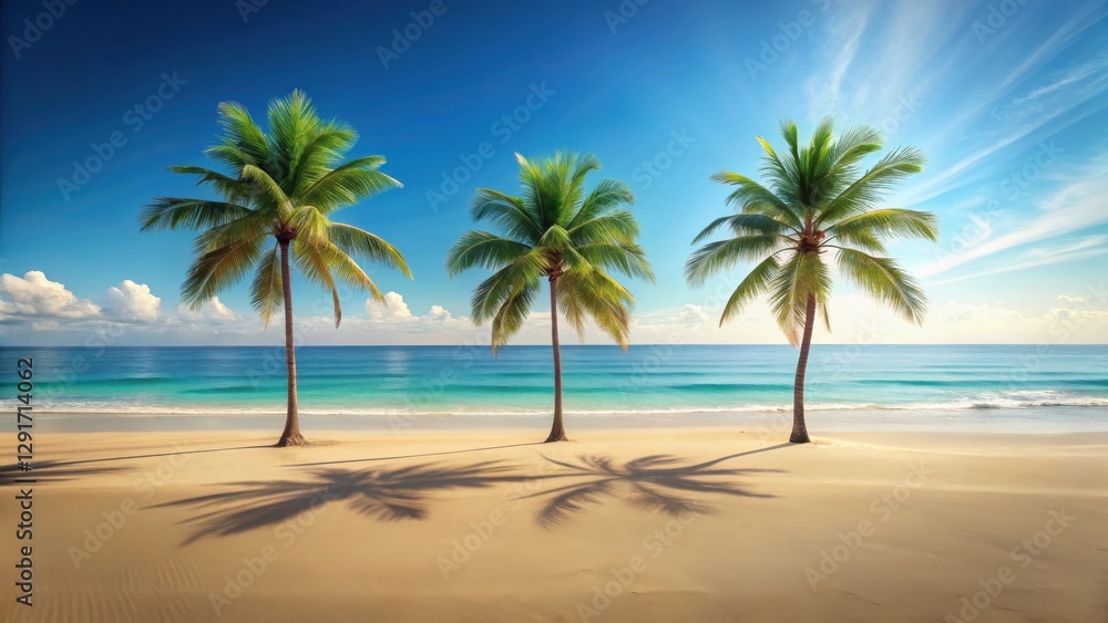 Obraz premium Serene Coastal Vista Three Palm Trees Gracefully Standing on a Pristine Sandy Beach Under a Brilliant Sunny Sky