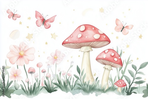 Whimsical watercolor illustration of red toadstool mushrooms, butterflies, and wildflowers.