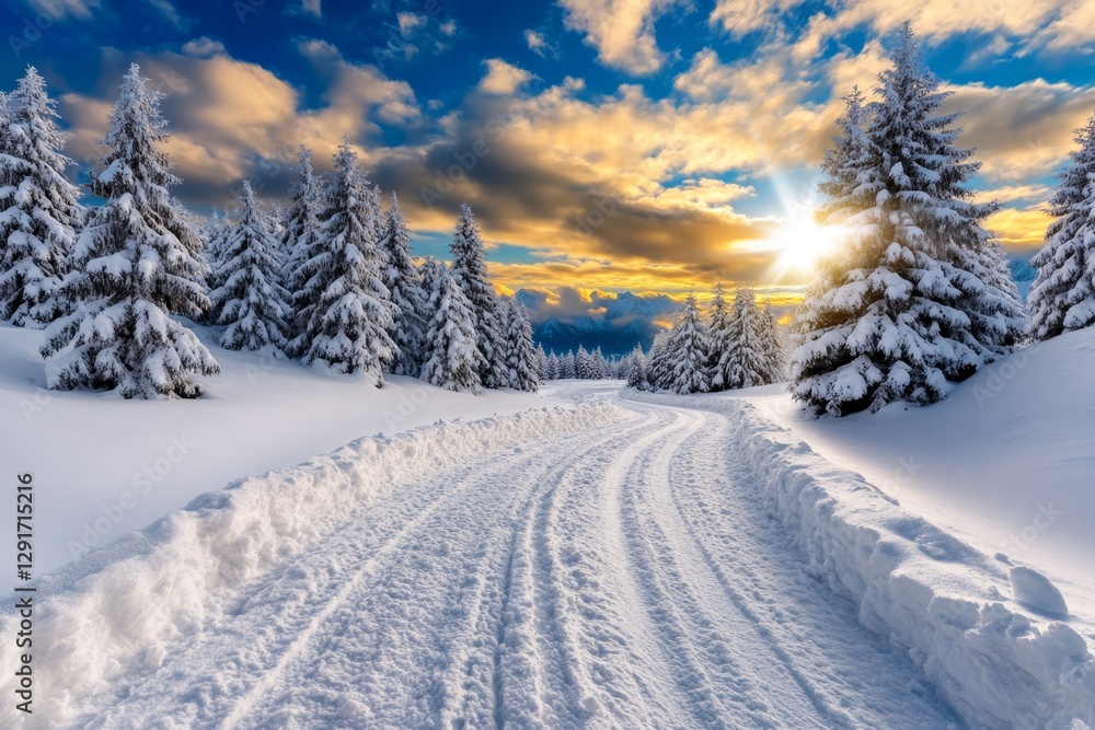 A snowy landscape with snow-covered trees and a road leading to the horizon, illuminated by golden sunlight. The sky is filled with swirling clouds, creating an enchanting atmosphere of magic A snowy landscape with snow-covered trees and a road leading to the horizon, illuminated by golden sunlight. The sky is filled with swirling clouds, creating an enchanting atmosphere of magic
