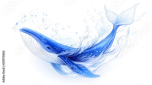 Elegant blue and white whale gracefully leaping through ocean waves with fluid motion. Concept of marine life, freedom, and artistic fantasy.