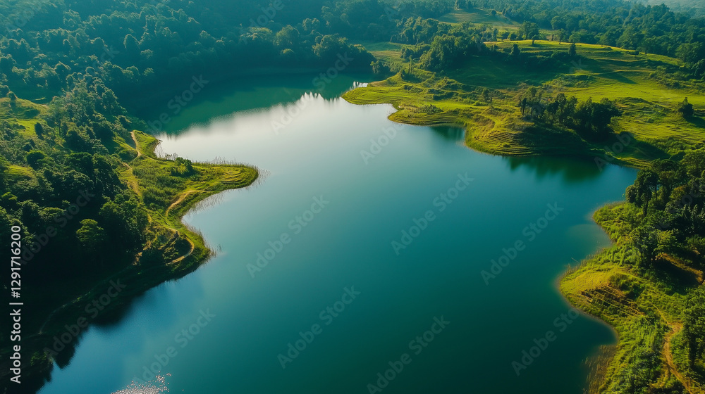 Aerial View of a Serene Lake Surrounded by Lush Green Forest Aerial View of a Serene Lake Surrounded by Lush Green Forest