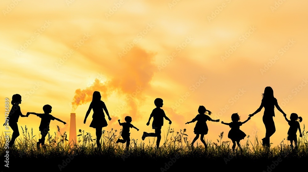 Silhouette of a happy family enjoying sunset in a summer field Silhouette of a happy family enjoying sunset in a summer field