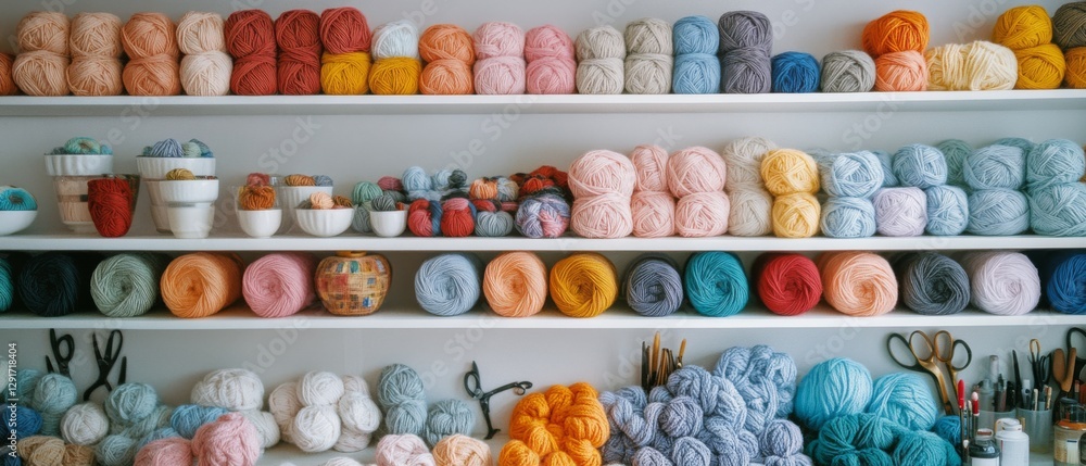 Neat shelves display a rainbow of yarn balls, offering a serene crafting space that speaks to organization and creativity. Neat shelves display a rainbow of yarn balls, offering a serene crafting space that speaks to organization and creativity.