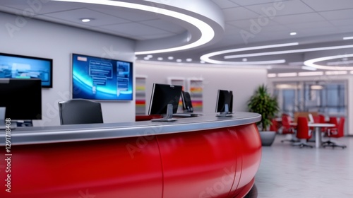 Modern Red Reception Desk in Bright Office Interior