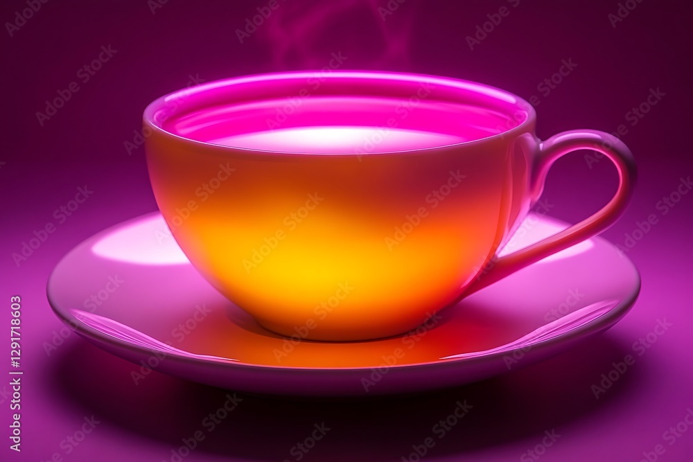 Vibrant steaming cup of tea on a glossy plate against a striking purple background, evoking warmth Vibrant steaming cup of tea on a glossy plate against a striking purple background, evoking warmth