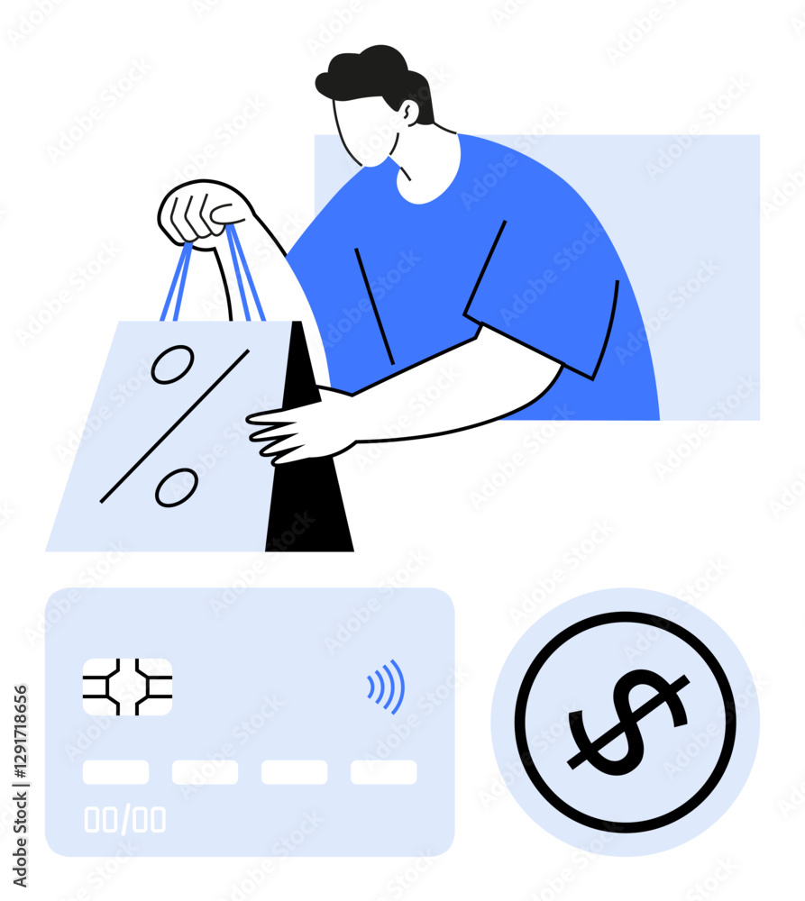 Person carrying discount shopping bags, credit card, and dollar coin icon. Ideal for e-commerce, sales, finance, marketing, retail payment systems business. Modern flat abstract line metaphor Person carrying discount shopping bags, credit card, and dollar coin icon. Ideal for e-commerce, sales, finance, marketing, retail payment systems business. Modern flat abstract line metaphor
