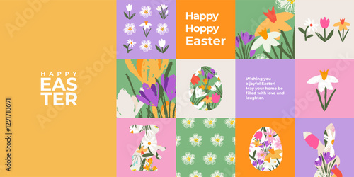 Modern horizontal Easter banner with spring flowers, eggs and Easter bunny. Floral designe template for web, ads, promo, sales