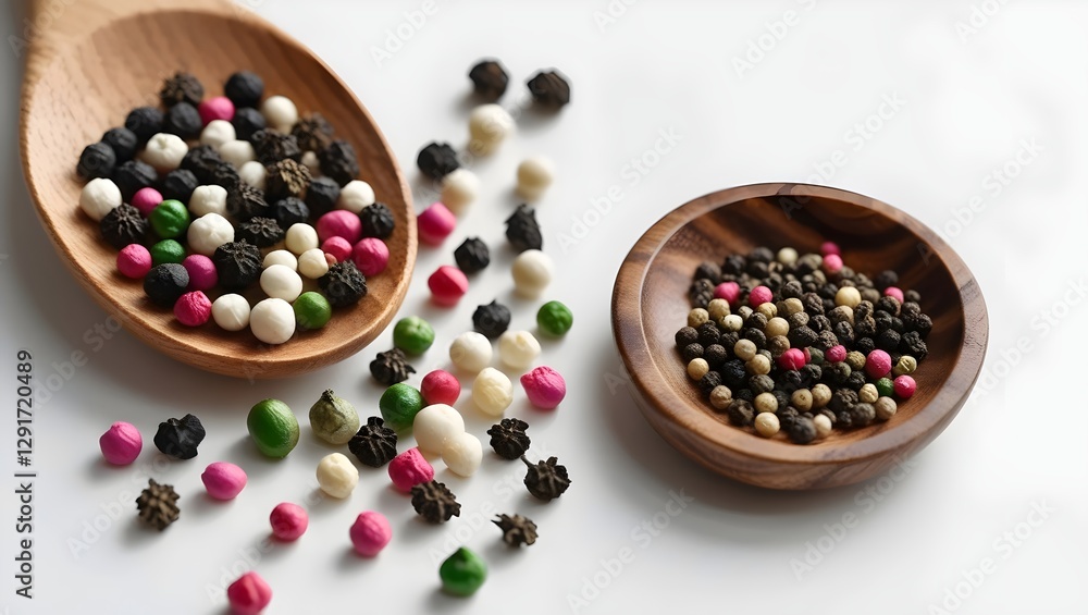 A Rustic Wooden Spoon Filled with a Colorful Mix of Black, White, Green, and Pink Peppercorns, Resting on a Wooden Dish A Rustic Wooden Spoon Filled with a Colorful Mix of Black, White, Green, and Pink Peppercorns, Resting on a Wooden Dish