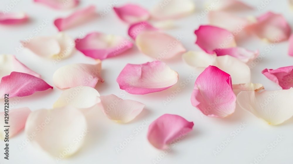 Obraz premium Rose petals scattered artfully on a clean surface, showcasing a variety of soft pink and white shades creating a serene and romantic atmosphere