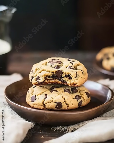 chocolate chip cookies stacked on a plate with a glass of milk