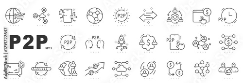 Set of p2p related line icons. Peer, payment, share, exchange etc. Editable stroke. Set 3