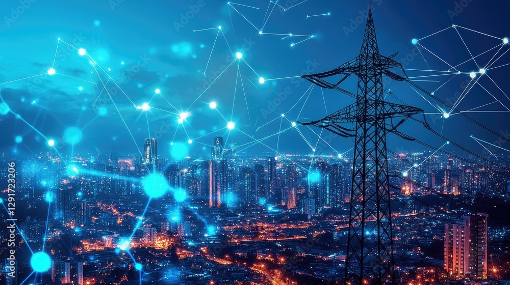 Obraz premium Smart City, Night Skyline with Power Lines and Network Connections