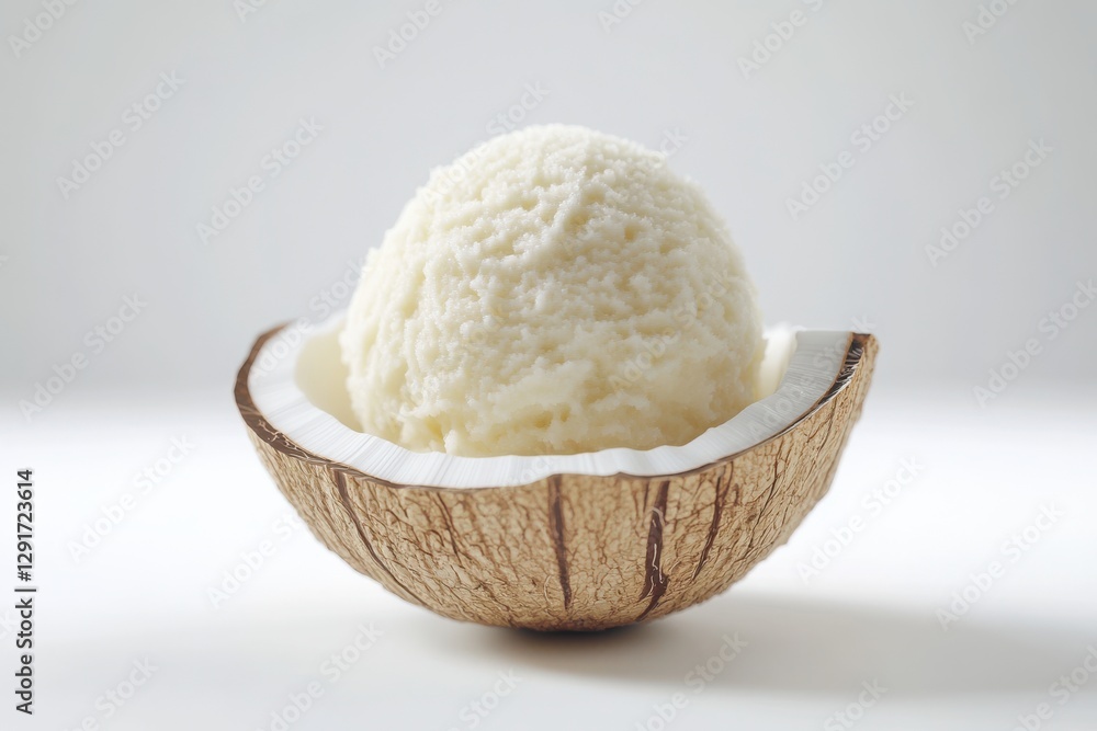tropical fruits A coconut shell filled with a scoop of creamy white ice cream. tropical fruits A coconut shell filled with a scoop of creamy white ice cream.