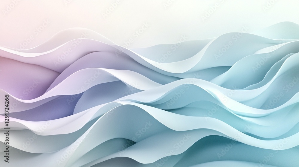 Fototapeta premium Abstract pastel wave background with soft, flowing curves and gradients of light blue, purple, and white.