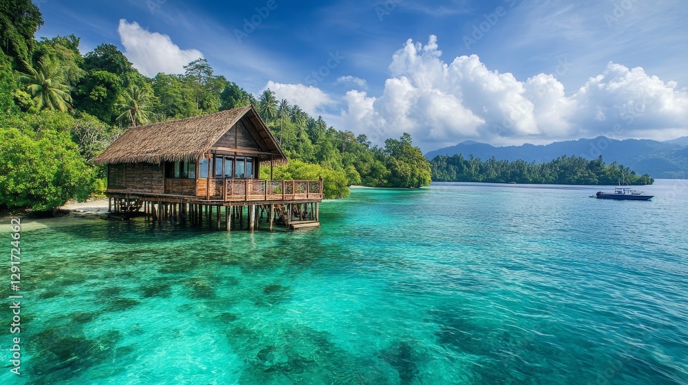 Beautiful Tropical Beach With a Small Boat Anchored Near Rocky Cliffs and Clear Blue Waters During Daylight Hours