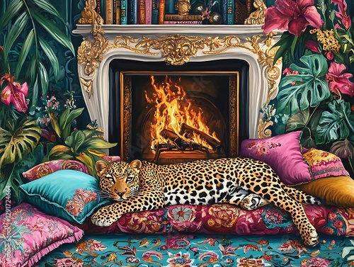 leopard laying on pillows in front of a fireplace with a bookcase