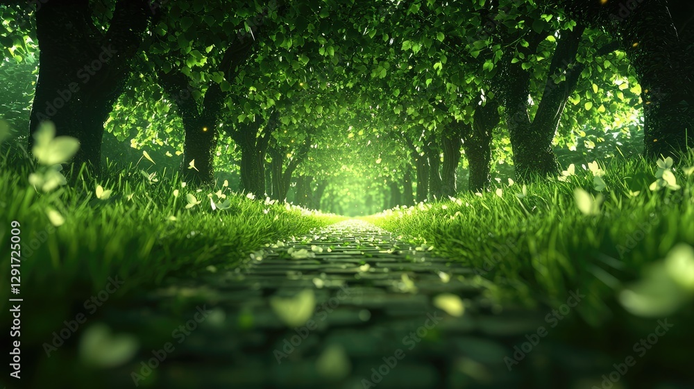 Fototapeta premium Magical path through lush green trees, sunlight at end
