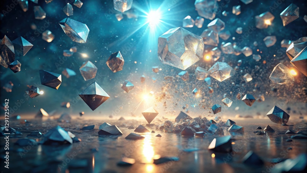 Obraz premium A Myriad of Gleaming Crystalline Forms Descends Upon a Reflective Surface, Illuminated by a Radiant Celestial Light Source