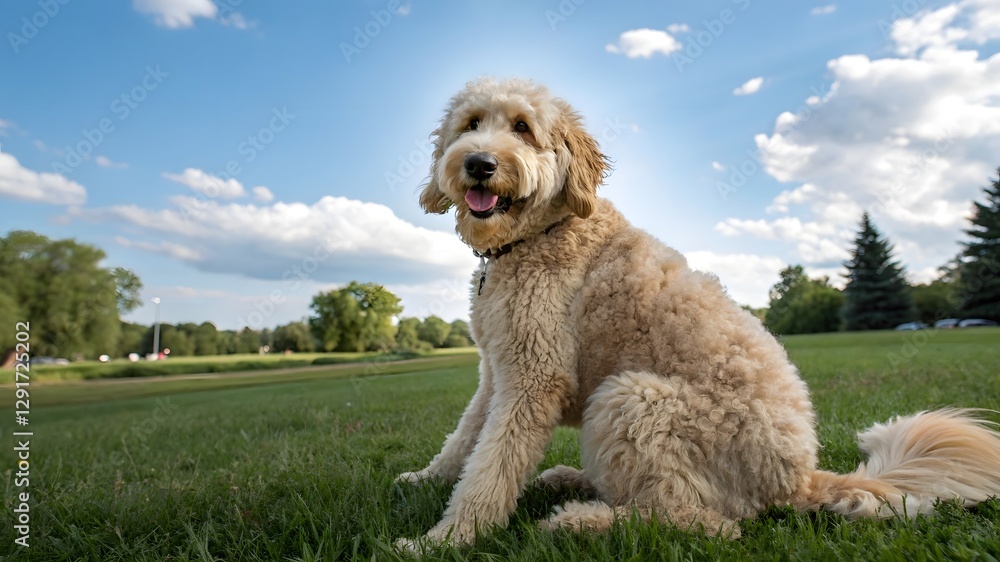 Fluffy Goldendoodle basks in summer sun, joyful expression, lush green park setting. Fluffy Goldendoodle basks in summer sun, joyful expression, lush green park setting.