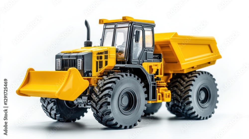 Yellow toy dump truck, isolated on white background, construction, engineering Yellow toy dump truck, isolated on white background, construction, engineering