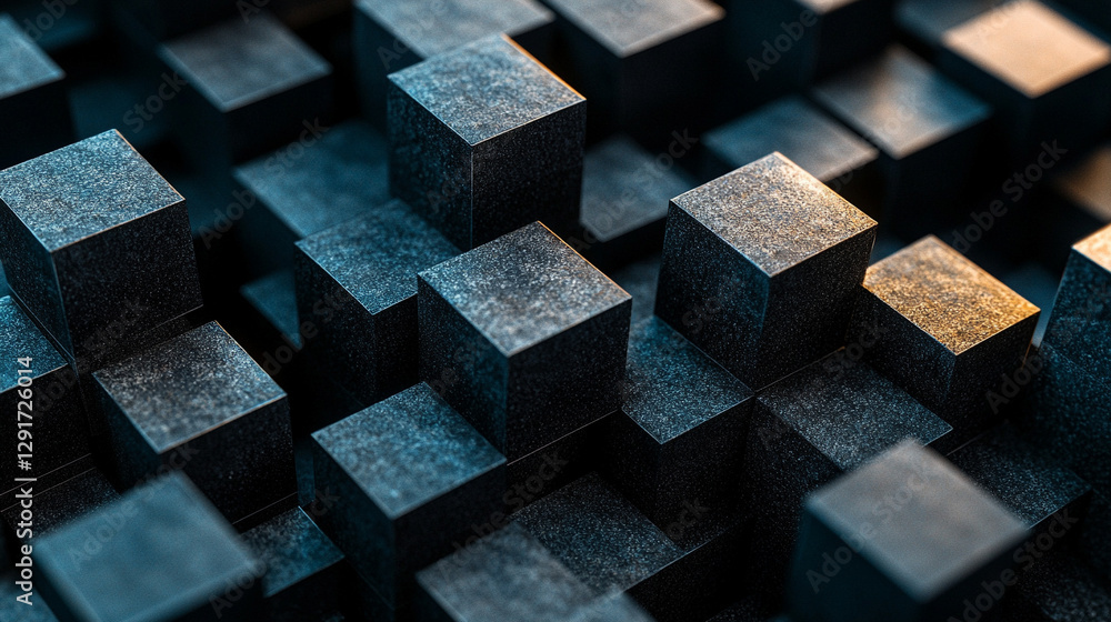 Close-up of small dark-colored cubes stacked together, symbolizing structure, order, and modernity, showcasing geometric precision and balance in a minimalist design Close-up of small dark-colored cubes stacked together, symbolizing structure, order, and modernity, showcasing geometric precision and balance in a minimalist design