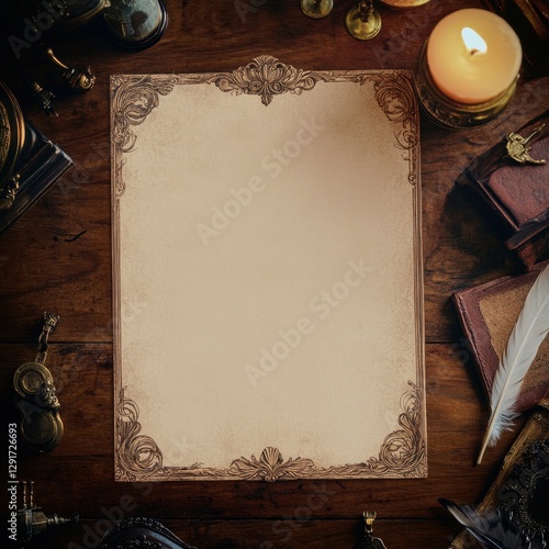 antique certificate with elegant vintage border on wooden desk