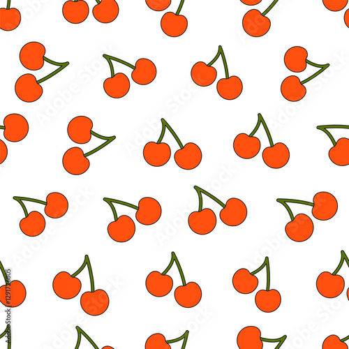 Cherry seamless pattern. Red cherries endless print cute summer fruits, cartoon berry with leaf, fashion textile wallpaper repeatable design. Vector cherry texture