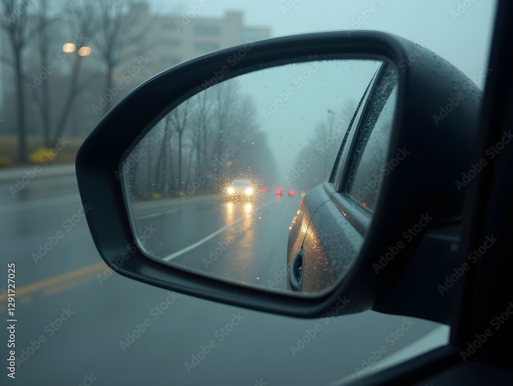 A car's rear view mirror is fogged up and blurry, with a reflection of a city street in the rain A car's rear view mirror is fogged up and blurry, with a reflection of a city street in the rain