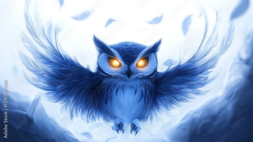 Mystical blue owl with glowing eyes and outstretched wings in a fantasy illustration. Concept of wisdom, power, and mystery in an ethereal digital artwork. Mystical blue owl with glowing eyes and outstretched wings in a fantasy illustration. Concept of wisdom, power, and mystery in an ethereal digital artwork.