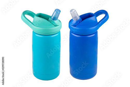 Children's stainless steel water bottles, insulated thermos. Container for liquids for walking with a child outdoors. Frontal projection, isolate on a white background.