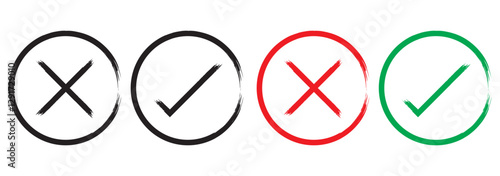Check mark cross sign in grunge style. Yes and no symbol. Dirty hand drawn brush stroke