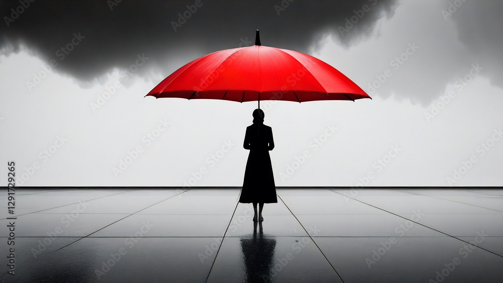 A mysterious woman holding an oversized red umbrella. A mysterious woman holding an oversized red umbrella.