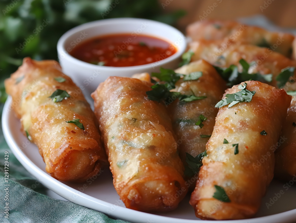 A deliciously crispy Filipino lumpia spring roll with sweet chili dipping sauce. A deliciously crispy Filipino lumpia spring roll with sweet chili dipping sauce.