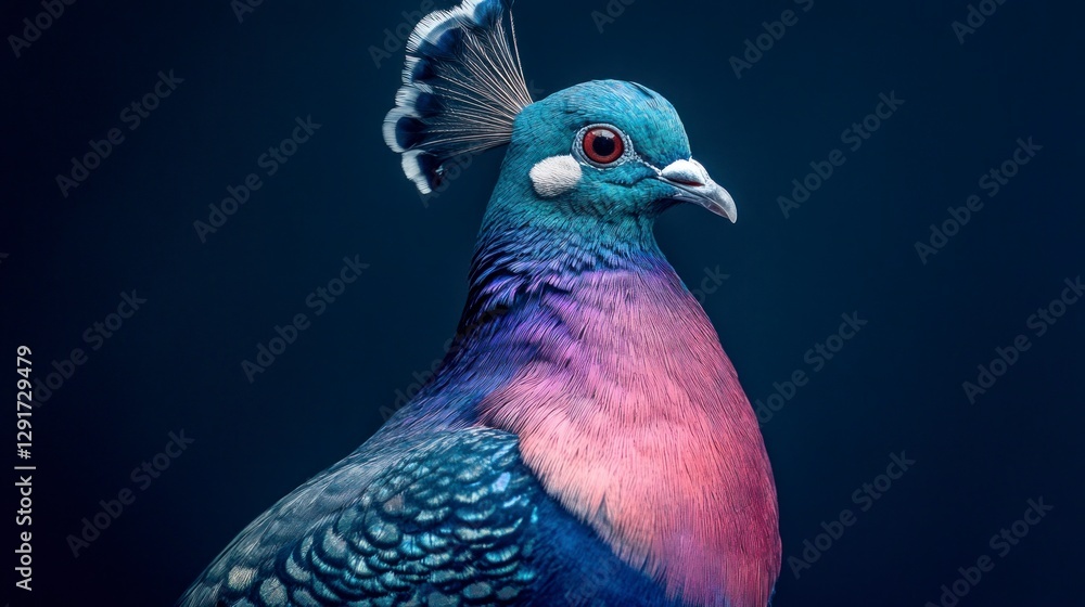 Full body photo of a peacock pigeon against a dark blue background, with studio lighting Full body photo of a peacock pigeon against a dark blue background, with studio lighting