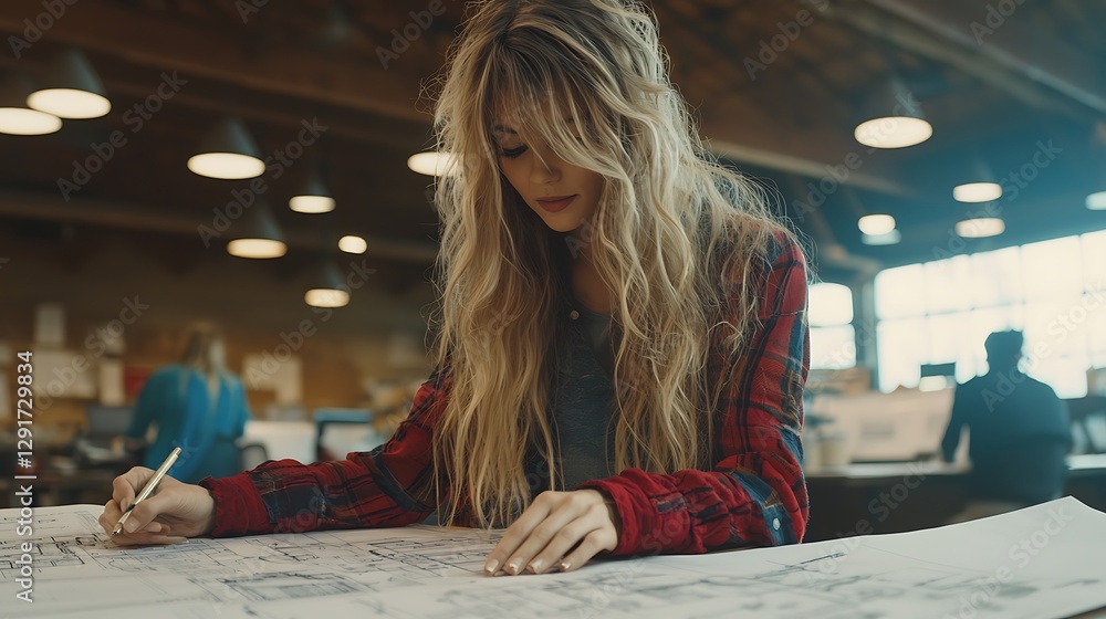 Fototapeta premium Creative designer working on architectural plans in modern studio urban environment focused view