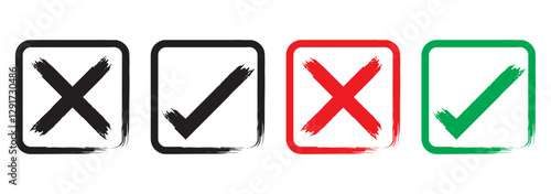 Check mark cross sign in grunge style. Yes and no symbol. Dirty hand drawn brush stroke