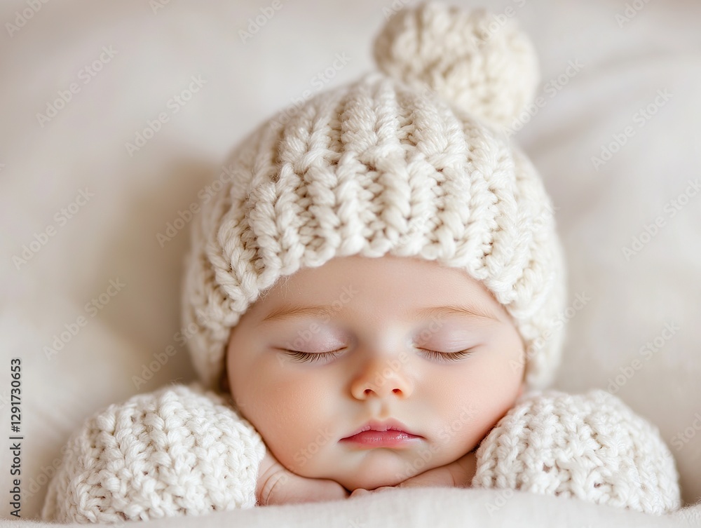 Newborn baby sleeping peacefully in cozy white knit hat indoor setting portrait photography calm atmosphere Newborn baby sleeping peacefully in cozy white knit hat indoor setting portrait photography calm atmosphere