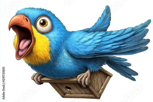 a 2D cartoon illustration of a bird landing on a birdhouse, cheerful and lively, white background photo