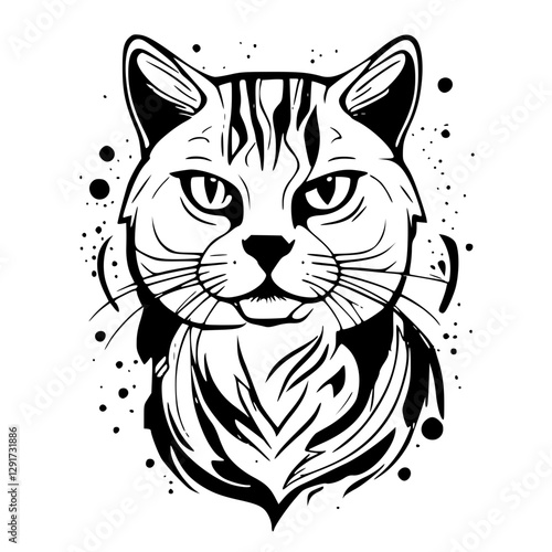 Cat illustration with bold lines and intricate details
