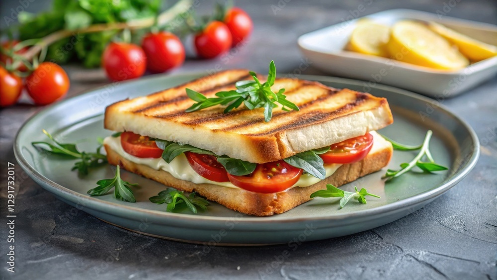 Grilled Cheese Sandwich with Tomato and Herbs on a Plate Grilled Cheese Sandwich with Tomato and Herbs on a Plate
