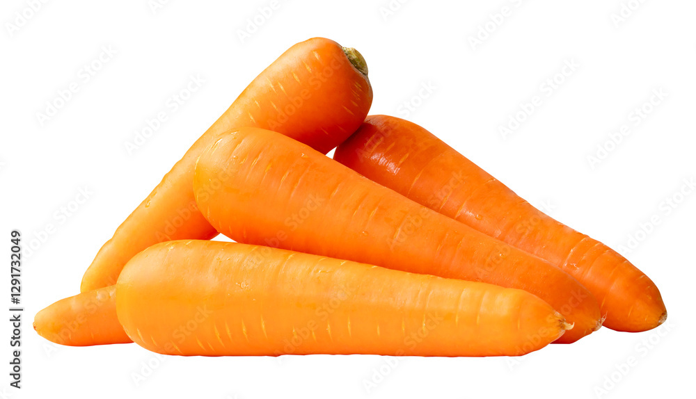 Side view of five fresh orange carrot roots in stack isolated with clipping path in png file format Side view of five fresh orange carrot roots in stack isolated with clipping path in png file format