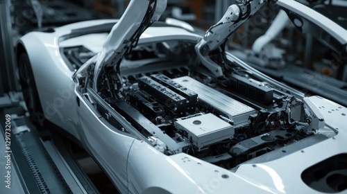 Wallpaper Mural White Robot Arms on Automated EV Battery Components Production Line. Electric Car Battery Pack Manufacturing Process Torontodigital.ca