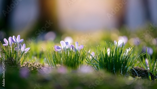 A close-up shot of fresh green grass sprouting in the early spring, with tiny white or purple blossoms scattered across the ground. The gentle light enhances the textures, symbolizing growth