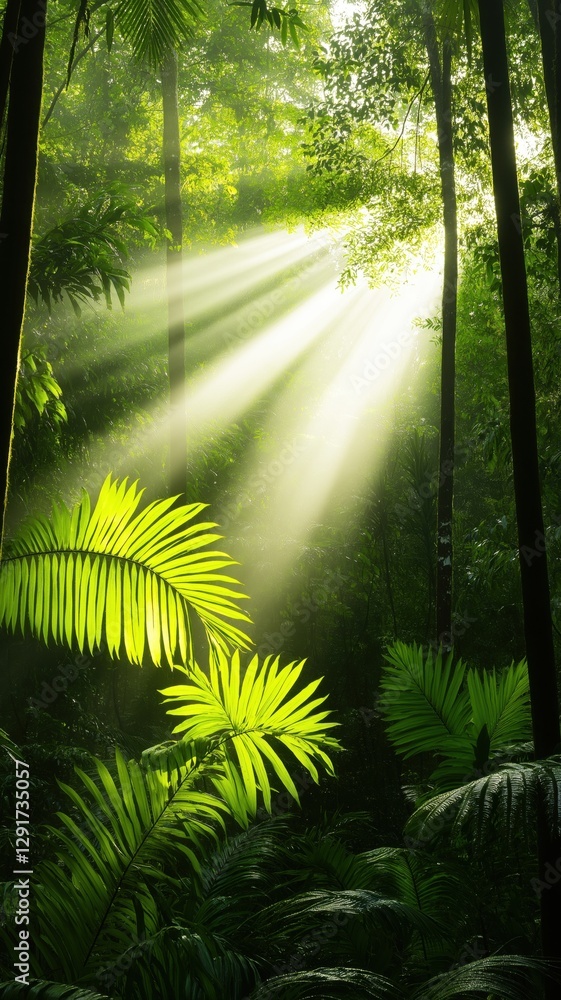 Tranquil world rainforest day with sunlit foliage for nature conservation awareness Tranquil world rainforest day with sunlit foliage for nature conservation awareness