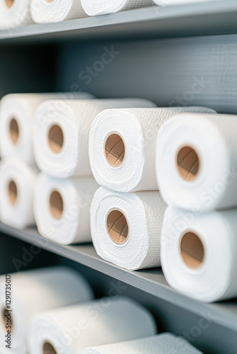 Stacks of white paper towels store aisle retail display indoor close-up
