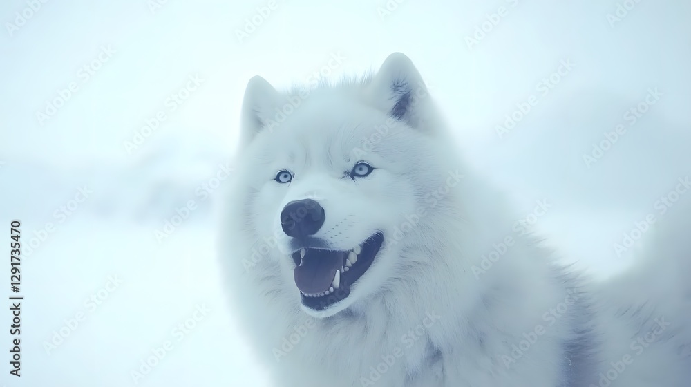 Fluffy White Samoyed Dog Smiling Against a Scenic Snowy Landscape in Winter Fluffy White Samoyed Dog Smiling Against a Scenic Snowy Landscape in Winter
